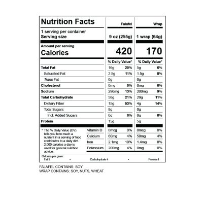 Falafel Vegetable Whole Wheat Wrap nutrition facts
