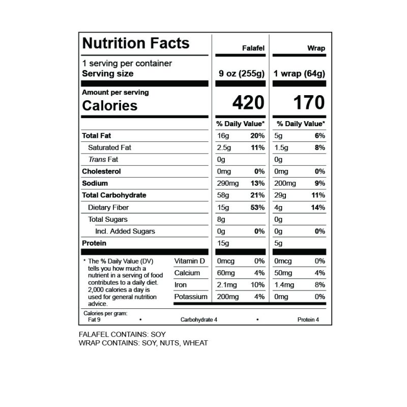 Falafel Vegetable Whole Wheat Wrap nutrition facts
