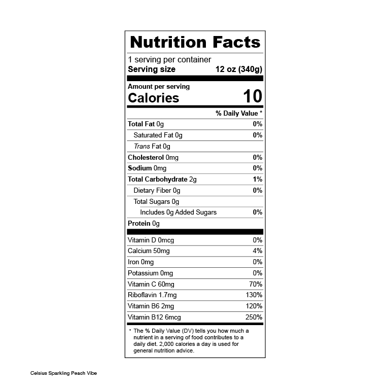 Celsius Sparkling Peach Vibe nutrition label